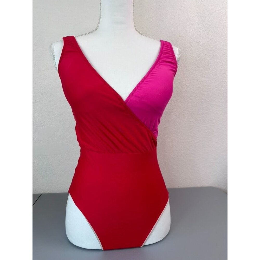 Hermosa‎ women's 8 red pink wrap front colorblock one piece swimsuit